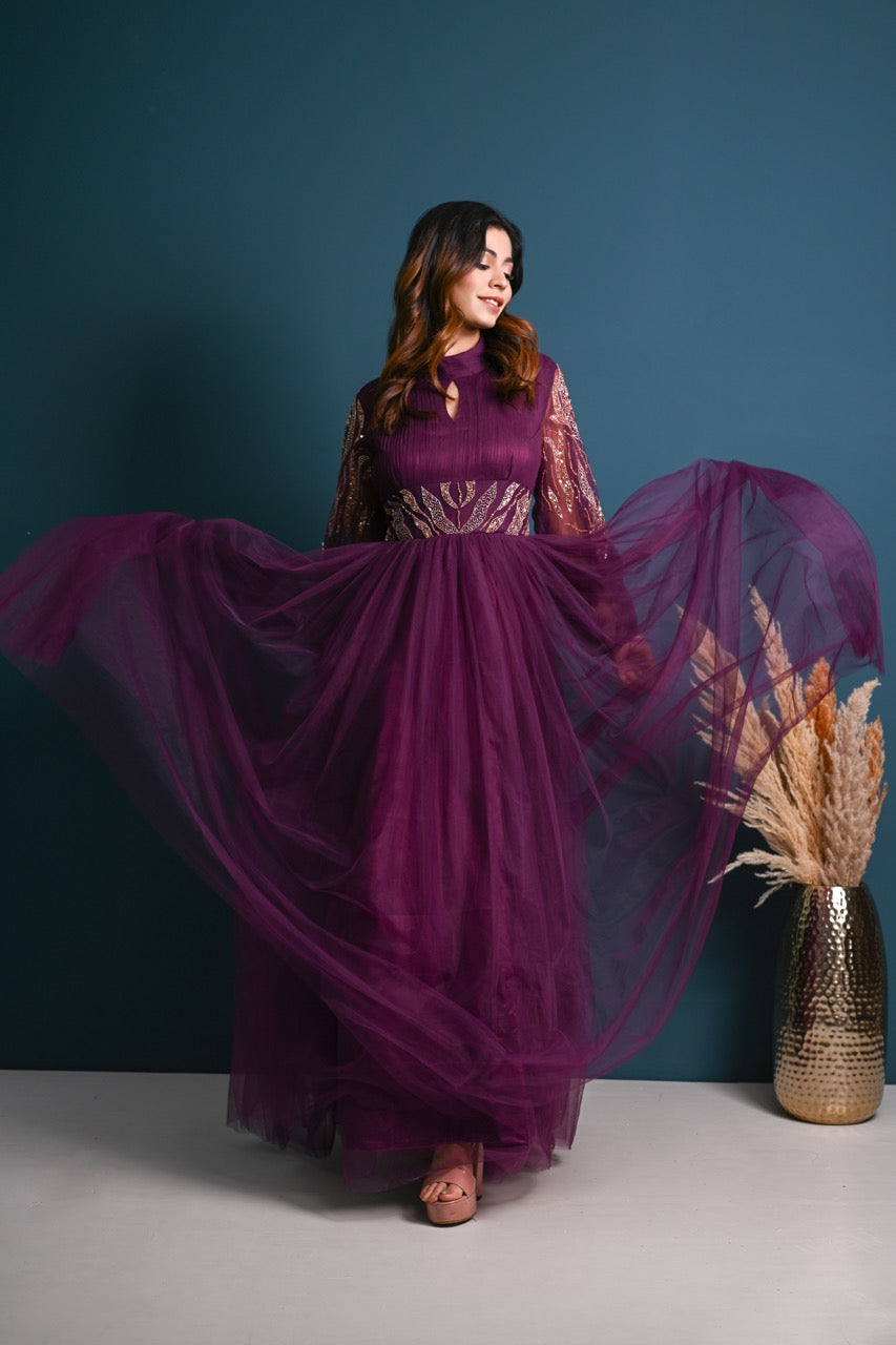 Wine Embroidered Gown