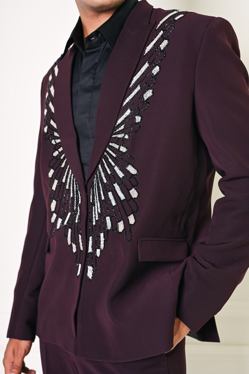 Wine Embellished Jacket Set