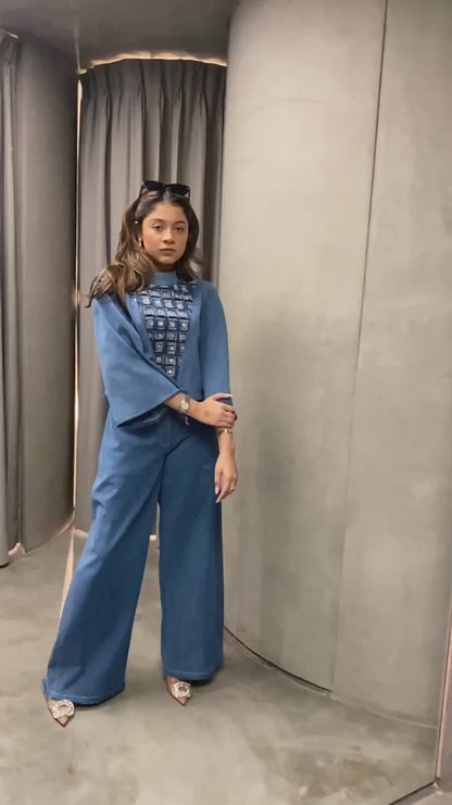 Denim Crop Top with Wide Leg Pants